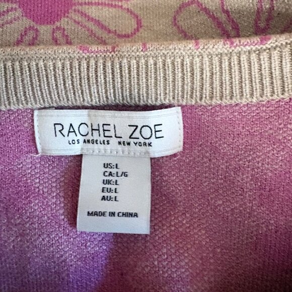 Rachel Zoe Sweater Womens Sz Large Pink Beige Floral Long Sleeve Retro Whimsical - Picture 5 of 7